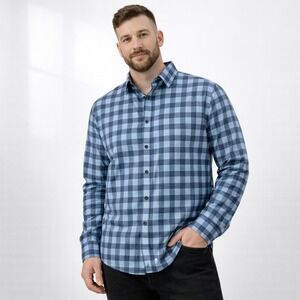 Emanuel Berg Modern Fit Plaid Shirt Men's L 16.5 Blue Button Down